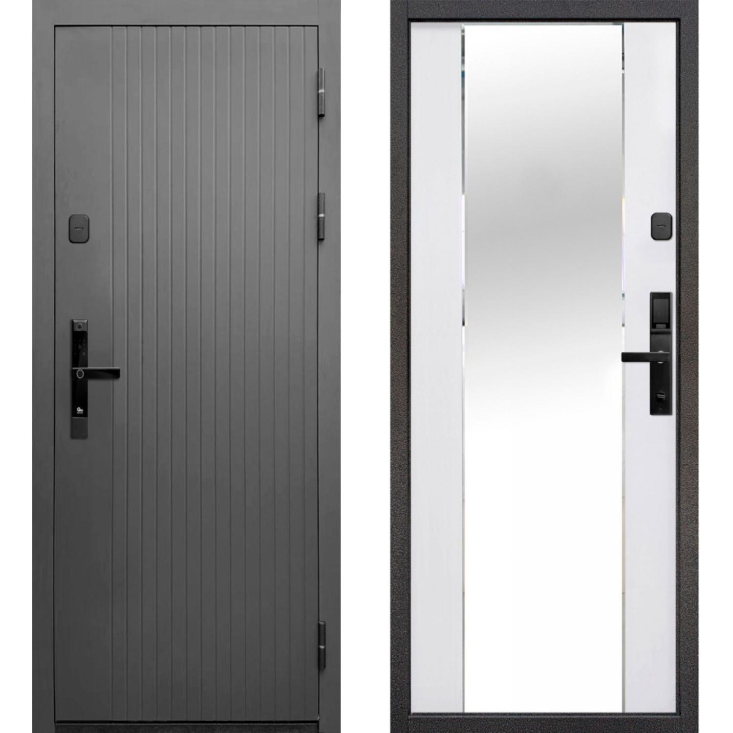 Входная дверь Тайга 10 см (Электр. замок) Зеркало Сатин графит - Зеркало Эмалит белый (960*2050 L, Сатин графит (ПВХ), Эмалит белый (ПВХ) + зеркало, Складская)