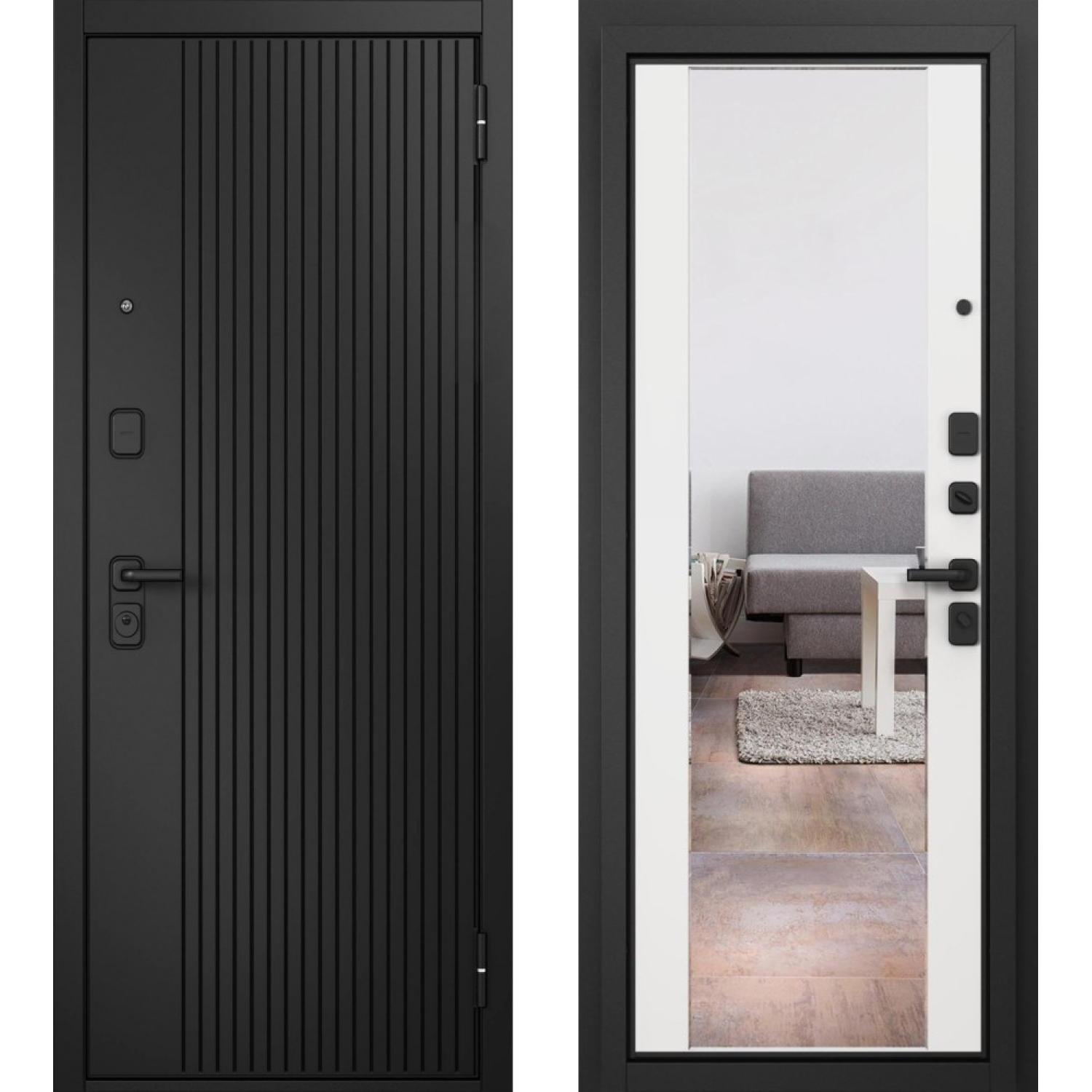 Входная дверь T1 TRUST ECO PP (860*2050 R, Черный матовый (ПВХ), Белый матовый  (ПВХ) + зеркало, Складская)