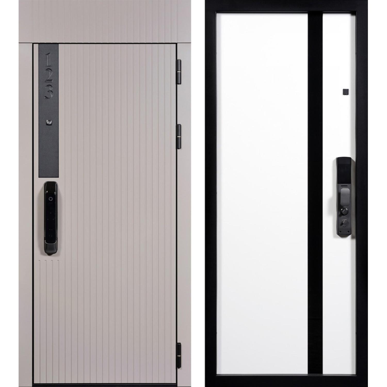 Входная дверь Рейн 2 (860*2050 R, Латте (ПВХ) + вставка черный кварц (ПВХ) (ZB999-2) с цифрами, Белый ZB (ПВХ)+Черный лак )