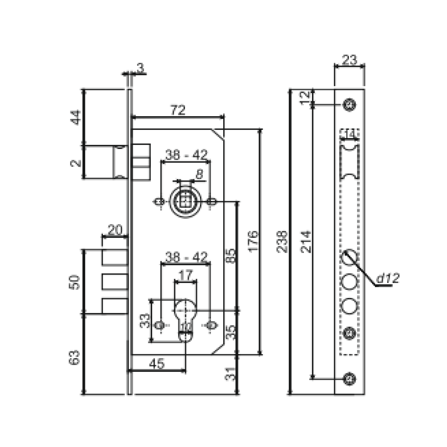 Замок врезной без цилиндра 2600/85 (PC)