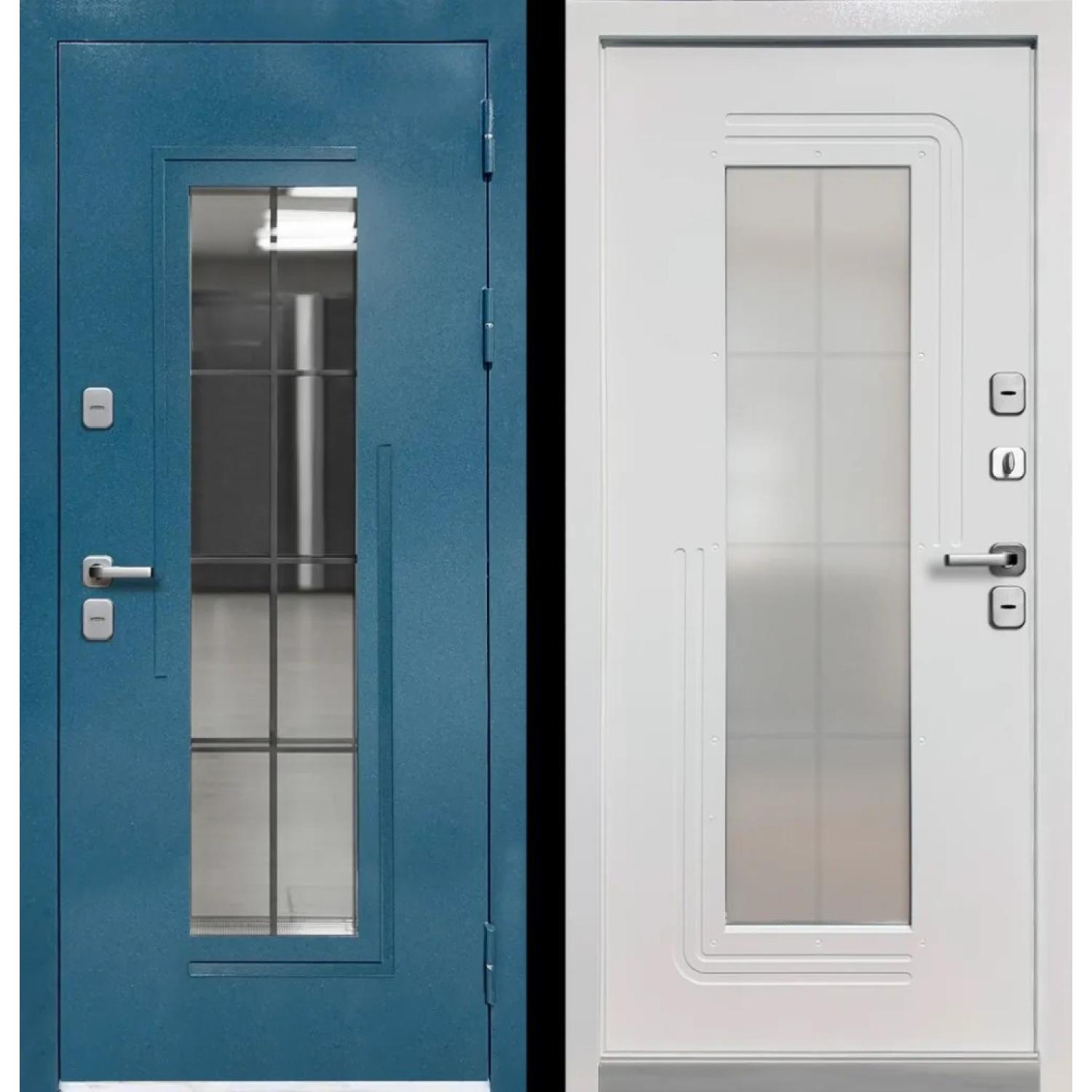 Входная дверь Luxor Termo 7 (960*2050 R, Муар синий (Полимерно-порошковое), Эмалит белый (ПВХ) , Заказная)