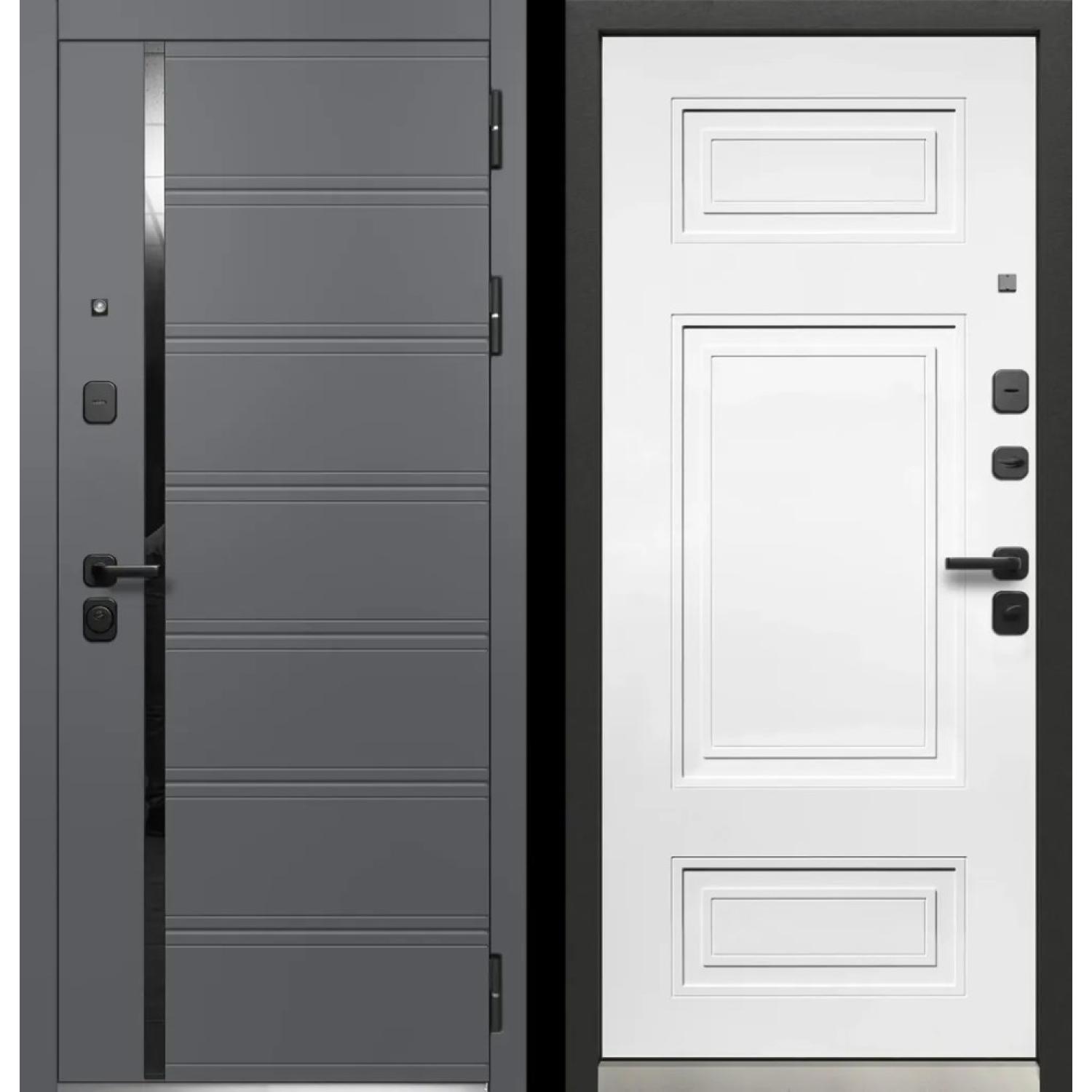 Входная дверь Luxor Куб Нео (860*2050 R, Сатин графит (ПВХ), Lacobel черный лак, Эмалит белый (ПВХ) , Заказная)