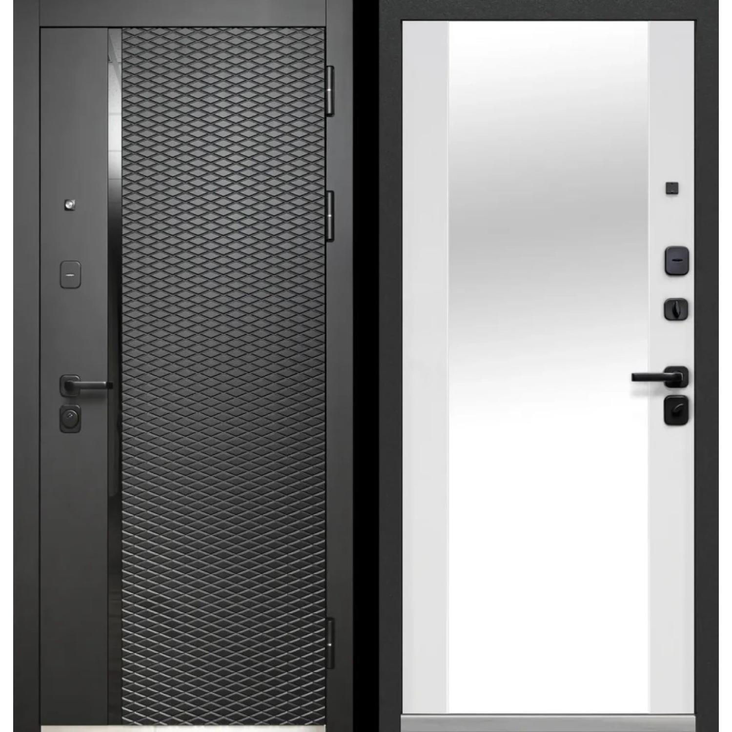 Дверь входная Luxor Ромбы Вертикаль Зеркало (960*2050 L, Антрацит софт (ПВХ), Lacobel черный лак, Эмалит белый (ПВХ) + зеркало, Заказная)