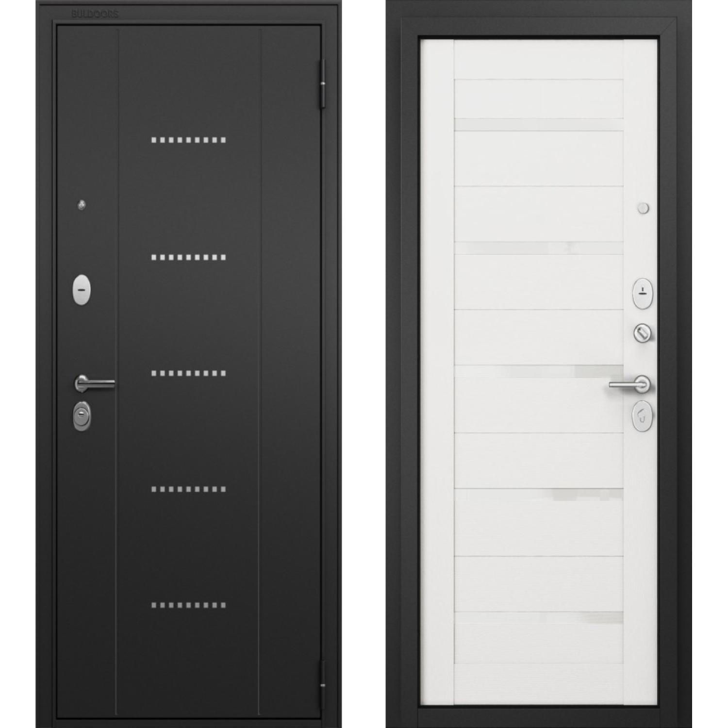 Входная дверь T3 TRUST ECO MP (860*2050 R, Черный муар (Полимерно-порошковое), Белый ларче (ПВХ)+ белый Lacobel, Складская)