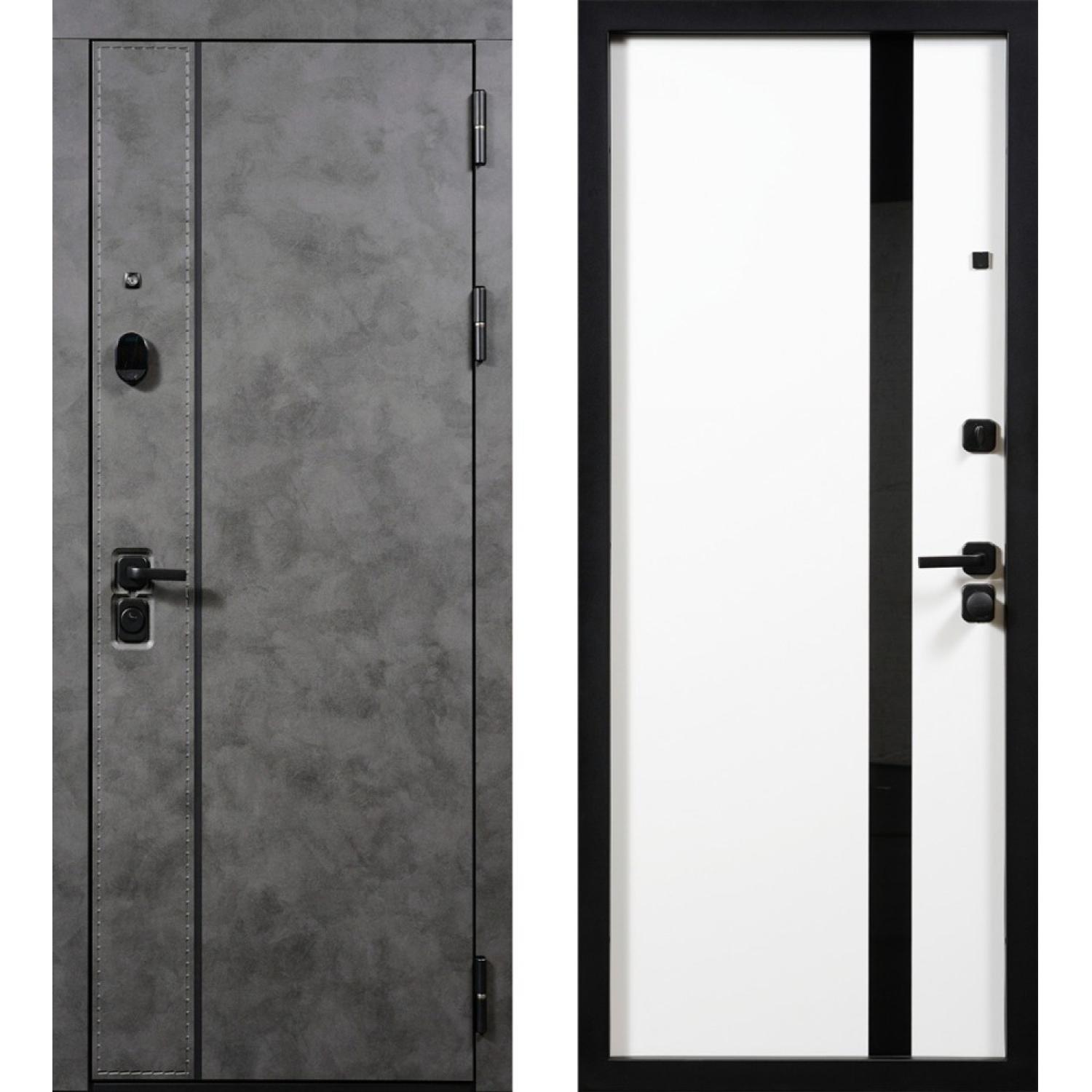 Входная дверь Крафт (860*2050 R, Пластер грей (ПВХ), Белый ZB (ПВХ)+Черный лак (Lacobel), Заказная)