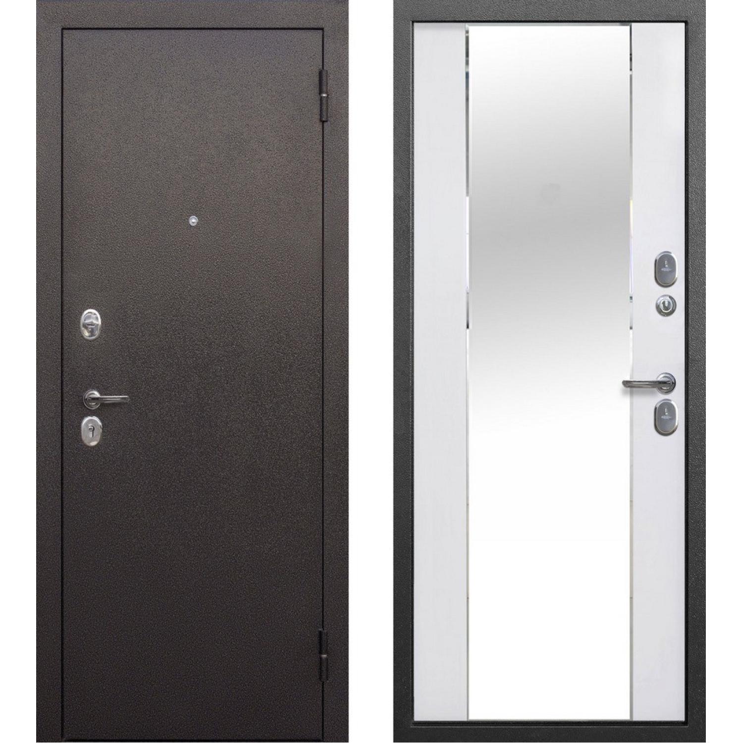 Входная дверь Тайга 7 см Зеркало Серебро антик - Зеркало Эмалит белый (960*2050 R, Медный антик (Полимерно-порошковое), Эмалит белый (ПВХ) + зеркало, Складская)