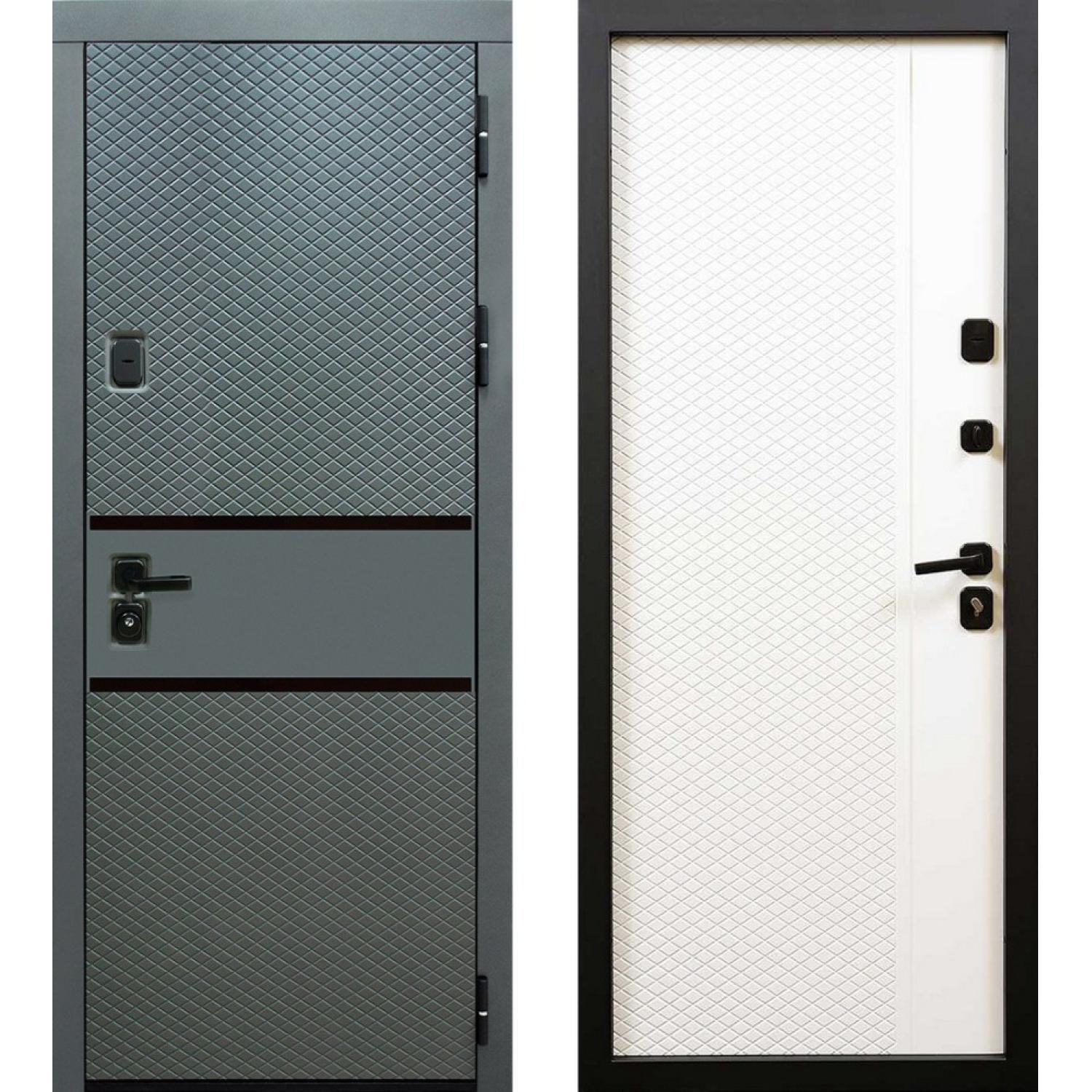 Входная дверь Аккустика 2 (960*2050 L,  Серый (Эмаль TSBR 7021) +Lacobel черный, Белый (эмаль RAL 9003), Заказная)