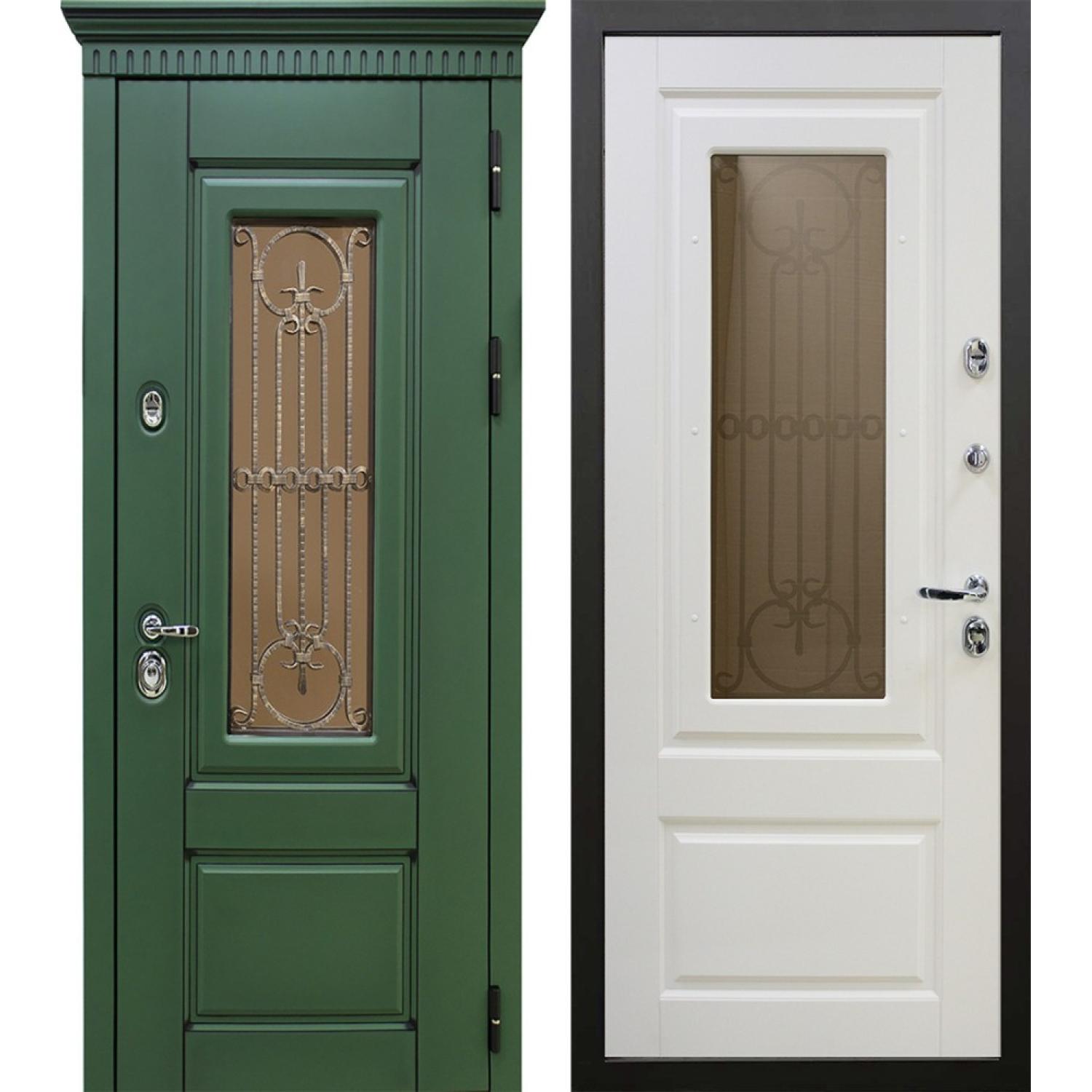 Входная дверь Боссика 3К90 (960*2050 R, Сосновый зеленый (Эмаль 6028) + патина черная+окно, Слоновая кость (RAL 9001) + окно, За)