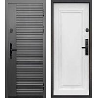 Входная дверь Тайга 10 см (Электр. замок) Сатин графит - с фрезеровкой Эмалит белый