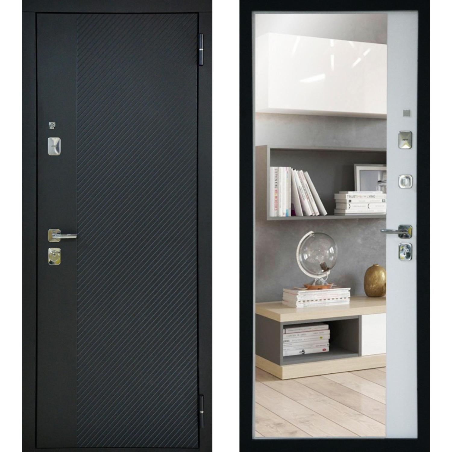 Входная дверь TR2 (860*2050 R, Черный кварц (ПВХ), Белый ZB (ПВХ)+зеркало, Складская)