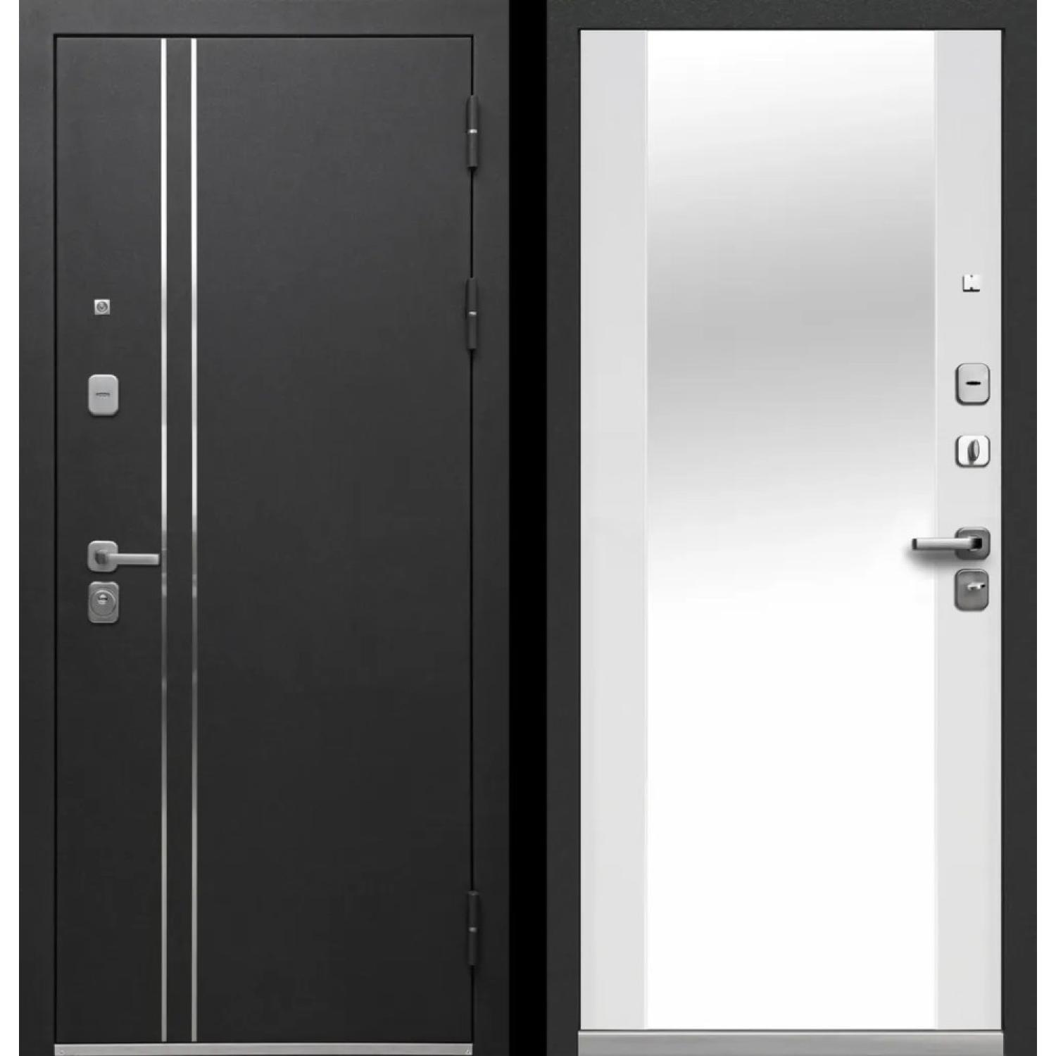 Входная дверь Luxor Букле черный Зеркало (860*2050 R, Букле чёрный (Полимерно-порошковое), Эмалит белый (ПВХ) + зеркало, Заказная)