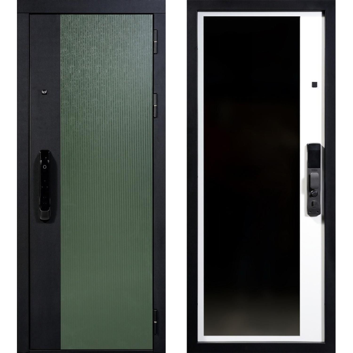 Входная дверь Делла (960*2050 L, Вудлайн олива (ПВХ)+вставка черный кварц (ПВХ), Белый ZB (ПВХ)+зеркало, Заказная)