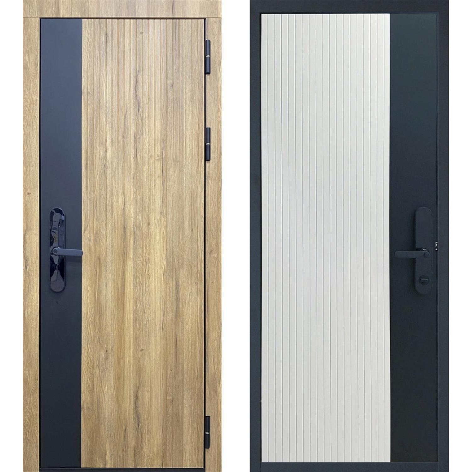 Входная дверь Электро  3К90 (860*2050 R, Дуб санремо (ПВХ MDP45) + вставка эмаль TSBR 9005, Шпон дуба белый (ПВХ MDP49)+вставка э)