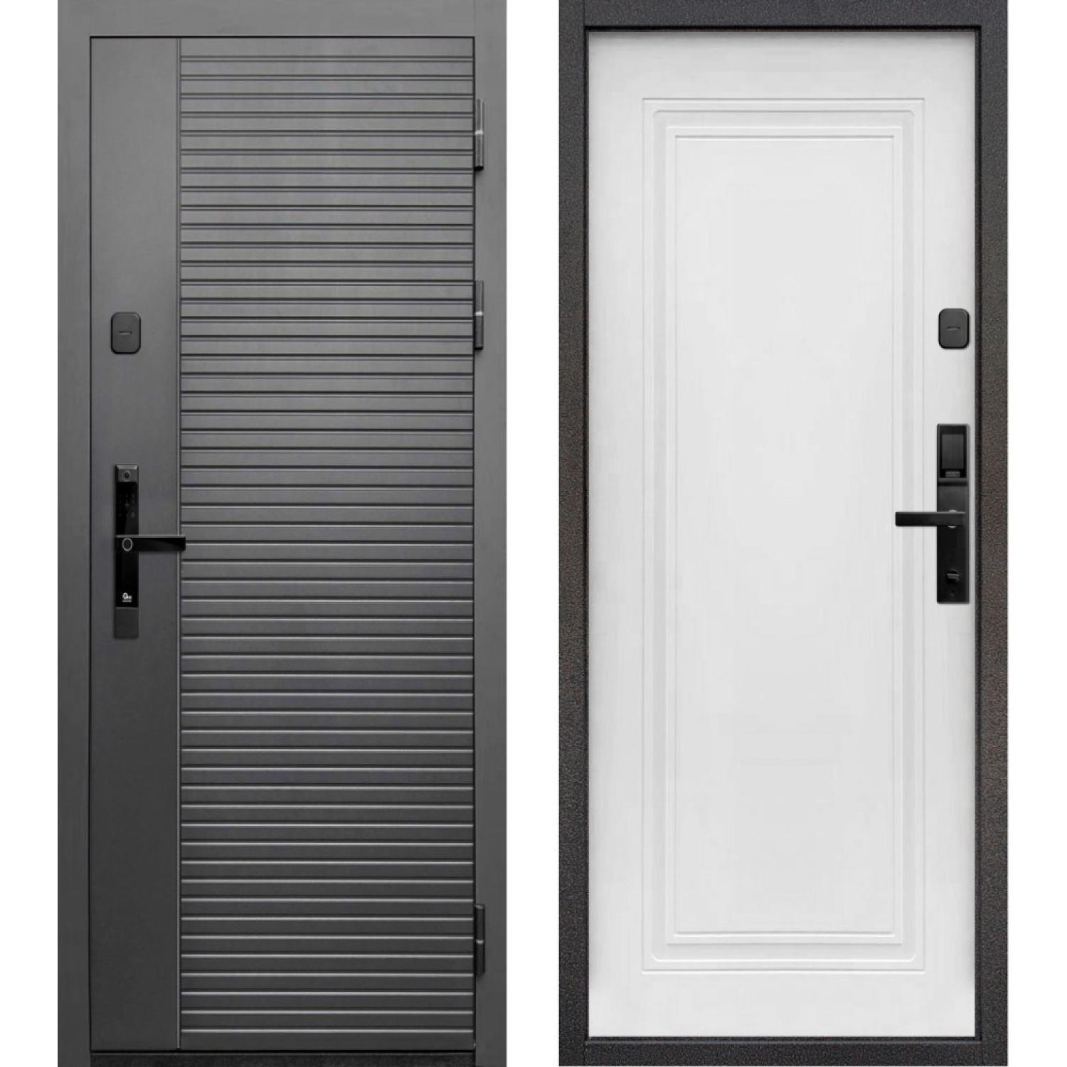 Входная дверь Тайга 10 см (Электр. замок) Сатин графит - с фрезеровкой Эмалит белый (860*2050 R, Сатин графит (ПВХ), Эмалит белый (ПВХ) , Складская)