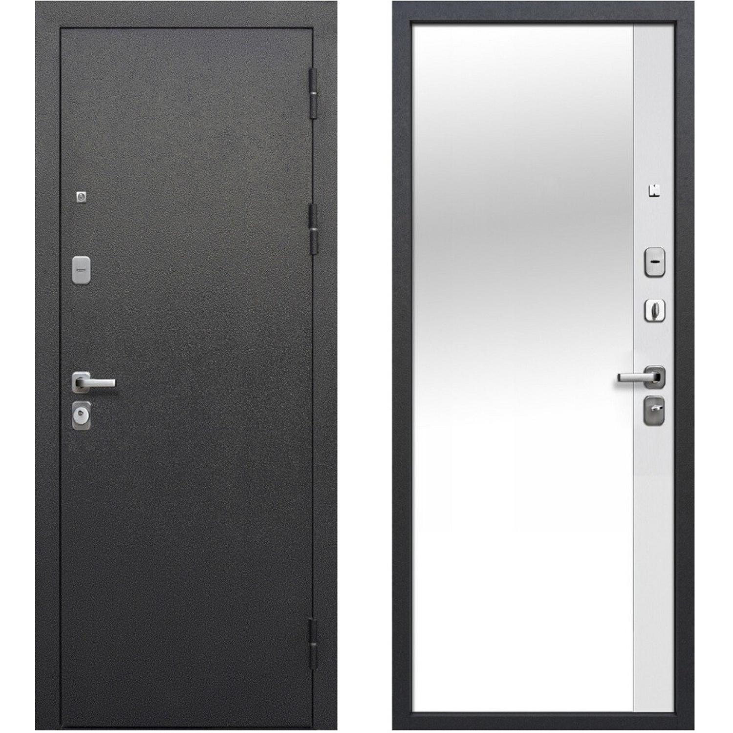 Входная дверь Гарда 9 Зеркало Эмалит Белый (860*2050 R, Антик Серебро (Полимерно-порошковое), Эмалит белый (ПВХ) + зеркало, Складская)