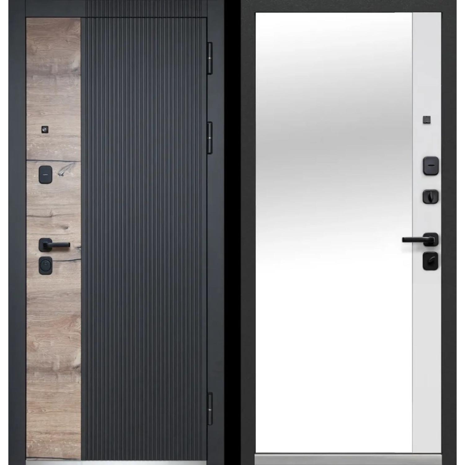 Входная дверь Luxor Дуб Вертикаль Зеркало (960*2050 R, Сатин черный (ПВХ), Канадский дуб пацифик, Эмалит белый (ПВХ) + зеркало, Заказная)