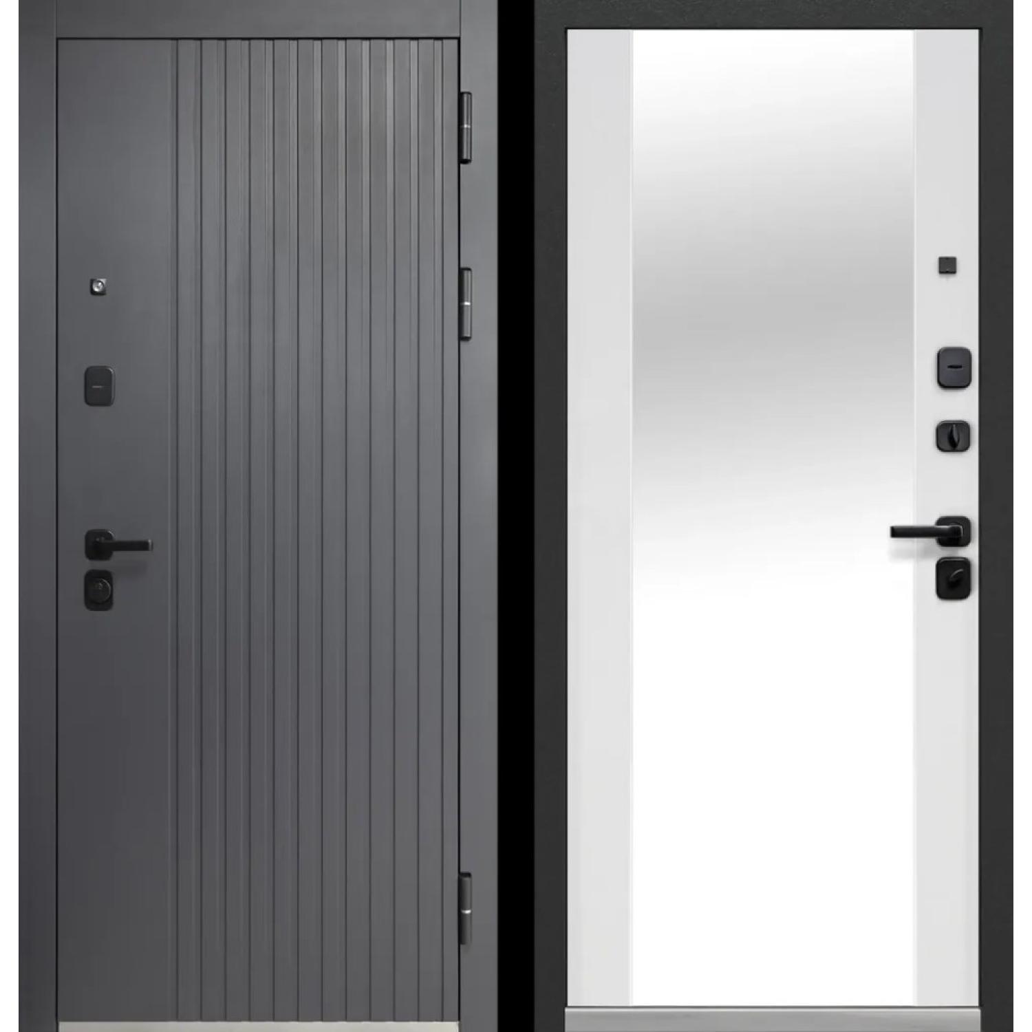 Входная дверь Luxor Вертикаль Зеркало (860*2050 R, Сатин графит (ПВХ), Эмалит белый (ПВХ) + зеркало, Заказная)