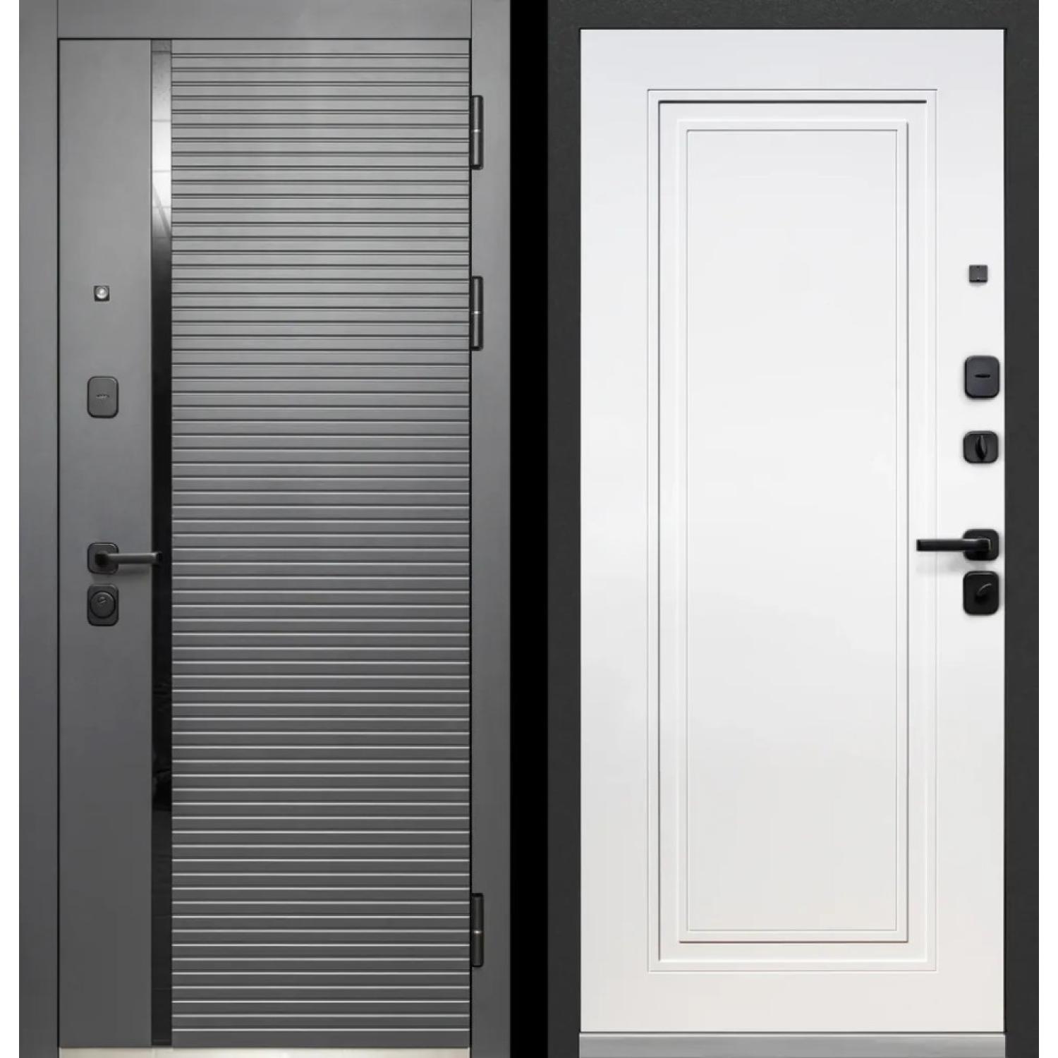 Входная дверь  Luxor Горизонталь Нео (860*2050 R, Сатин графит (ПВХ), Lacobel черный лак, Эмалит белый (ПВХ) , Заказная)