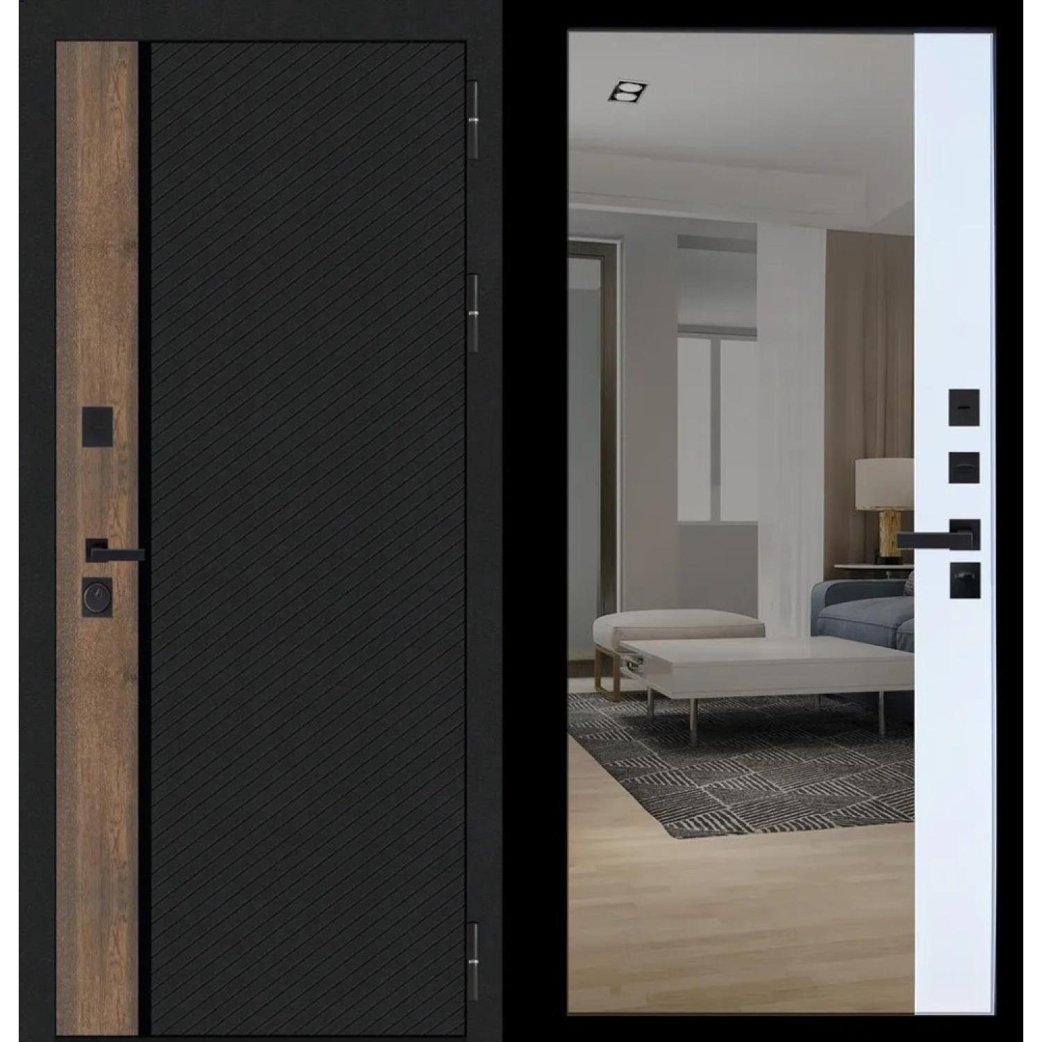 Дверь входная металлическая М101 (960*2050 L, Черная шагрень (ПВХ), Зеркало, Velluto Bianco AG 700, Заказная)