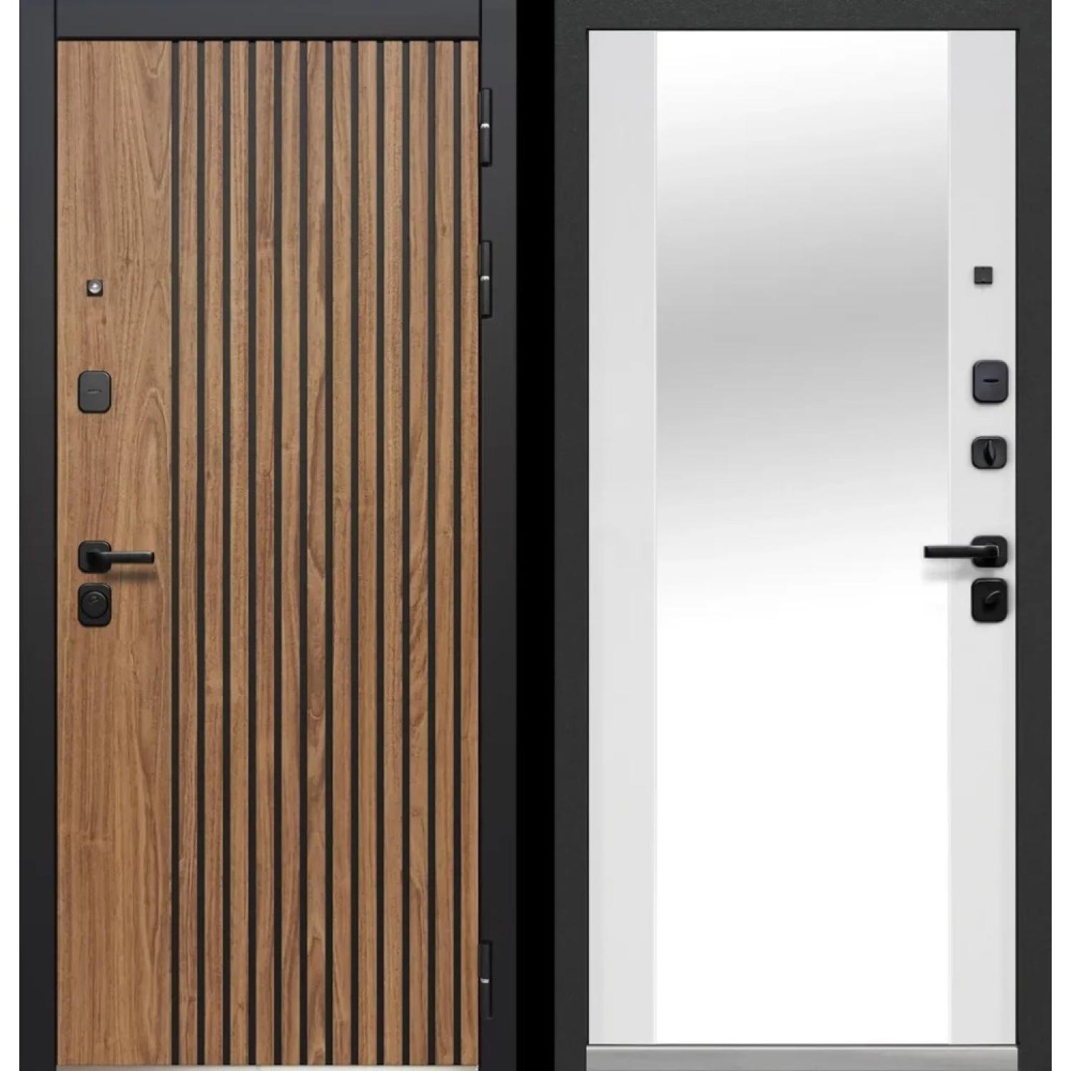 Входная дверь Luxor Рейка Зеркало (960*2050 L, Орех лесной+патина, Антрацит софт, Эмалит белый (ПВХ) + зеркало, Заказная)