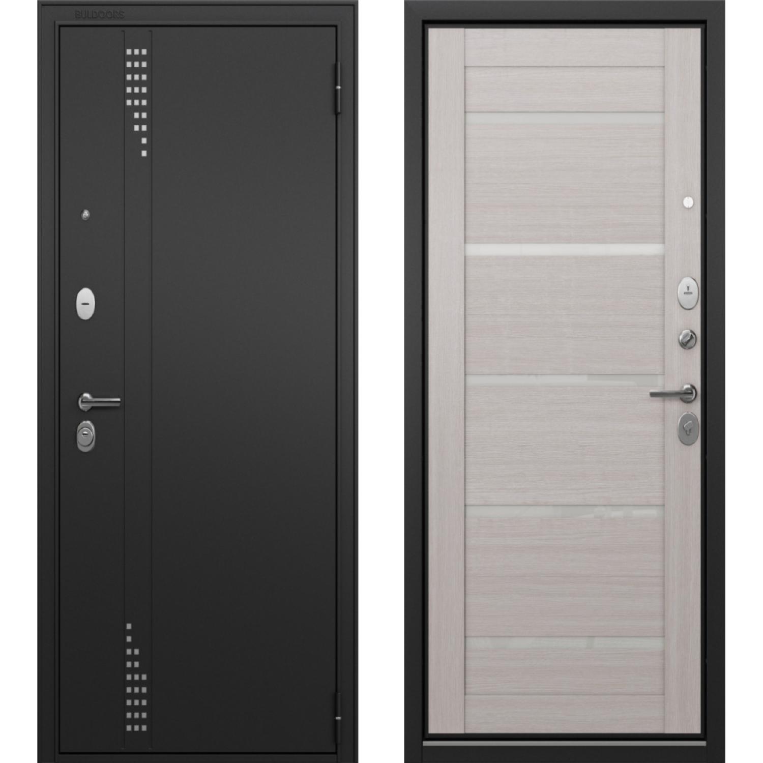 Входная дверь T2 TRUST ECO MP (860*2050 R, Черный муар (Полимерно-порошковое), Бьянко ларче (ПВХ)+ белый Lacobel, Складская)