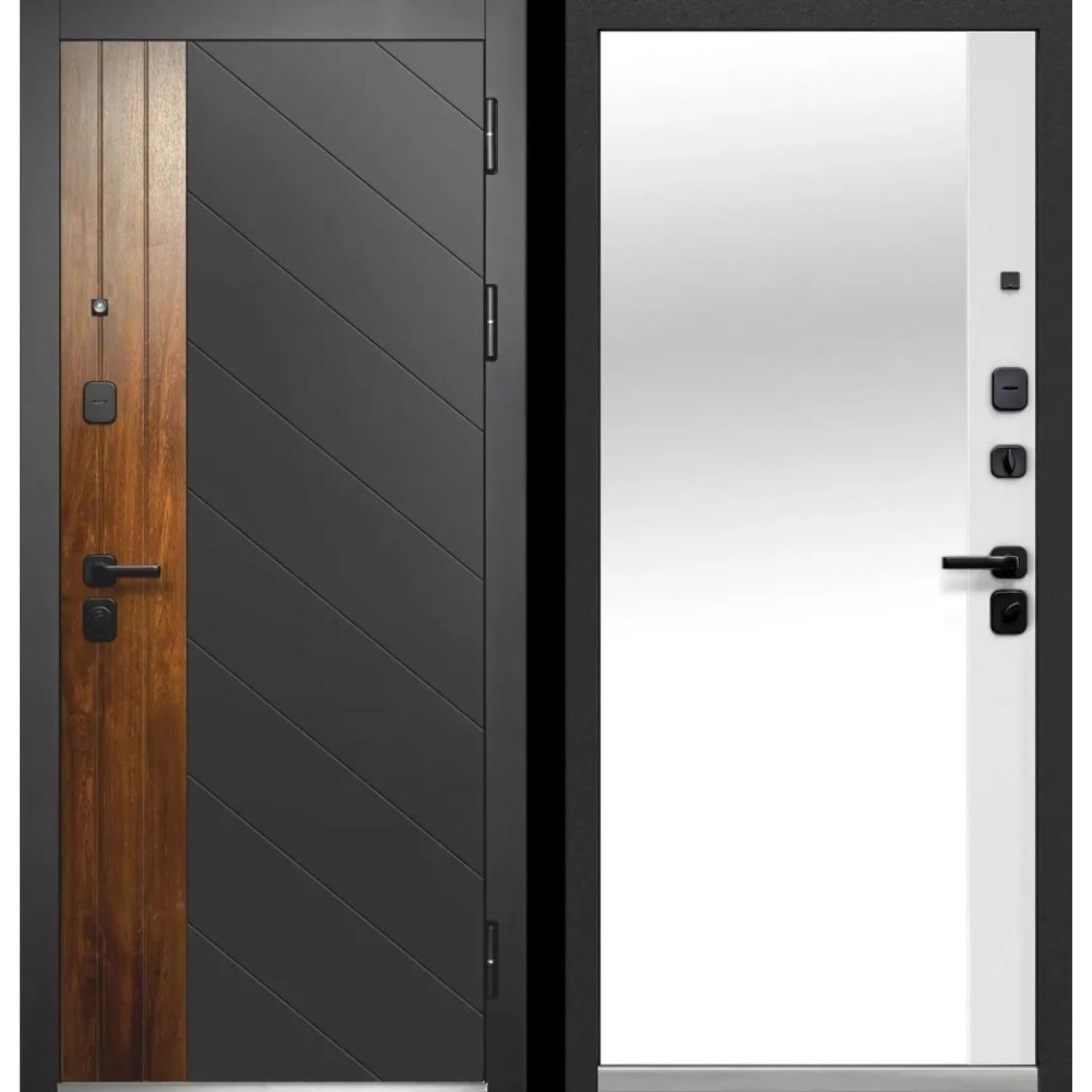 Входная дверь Luxor Диагональ Зеркало (860*2050 R, Антрацит софт (ПВХ), Грецкий орех, Эмалит белый (ПВХ) + зеркало, Заказная)