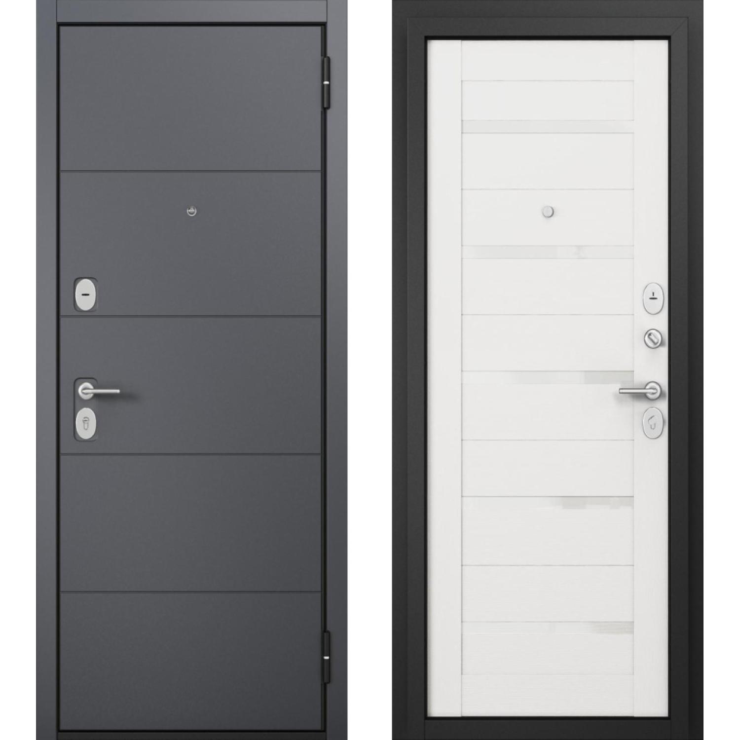 Входная дверь F2 FAMILY ECO PP (960*2050 R, Оскуро (ПВХ), Белый ларче (ПВХ)+ белый Lacobel, Складская)